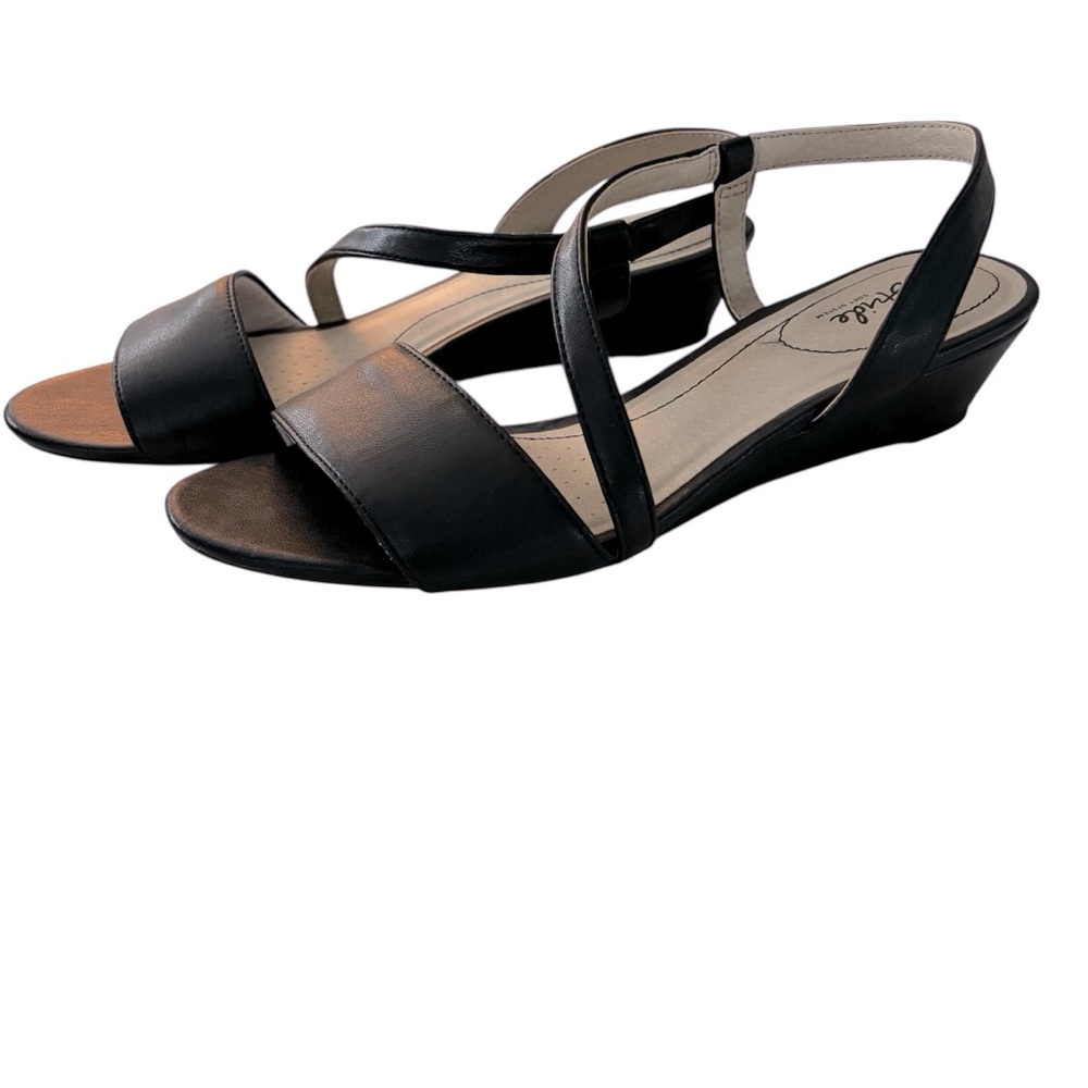 Life Stride Yasmine Wedge Sandal Black Faux Leather Open Toe Slip On Fit Strap